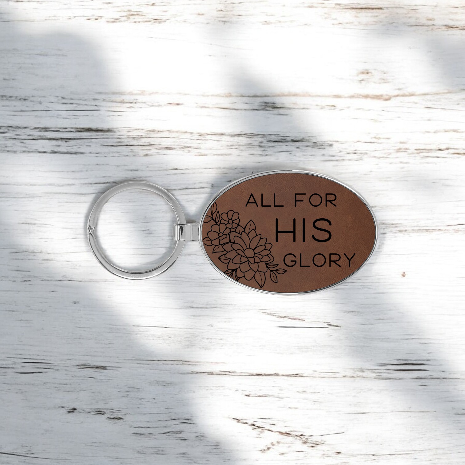 'All for HIS Glory' - Custom Laser Engraved on a Dark Brown Leatherette Keyring