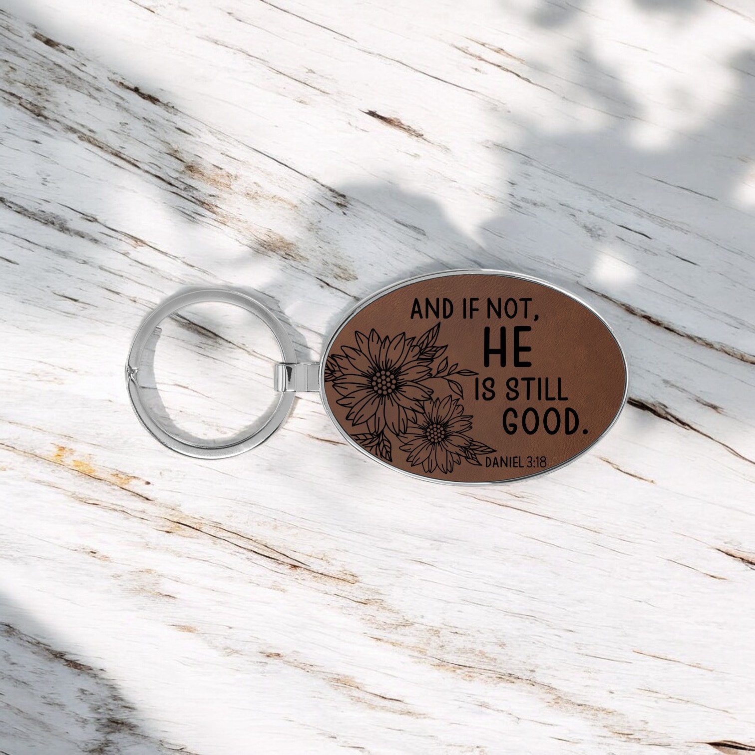 'Daniel 3:18' - Custom Laser Engraved on a Dark Brown Leatherette Keyring