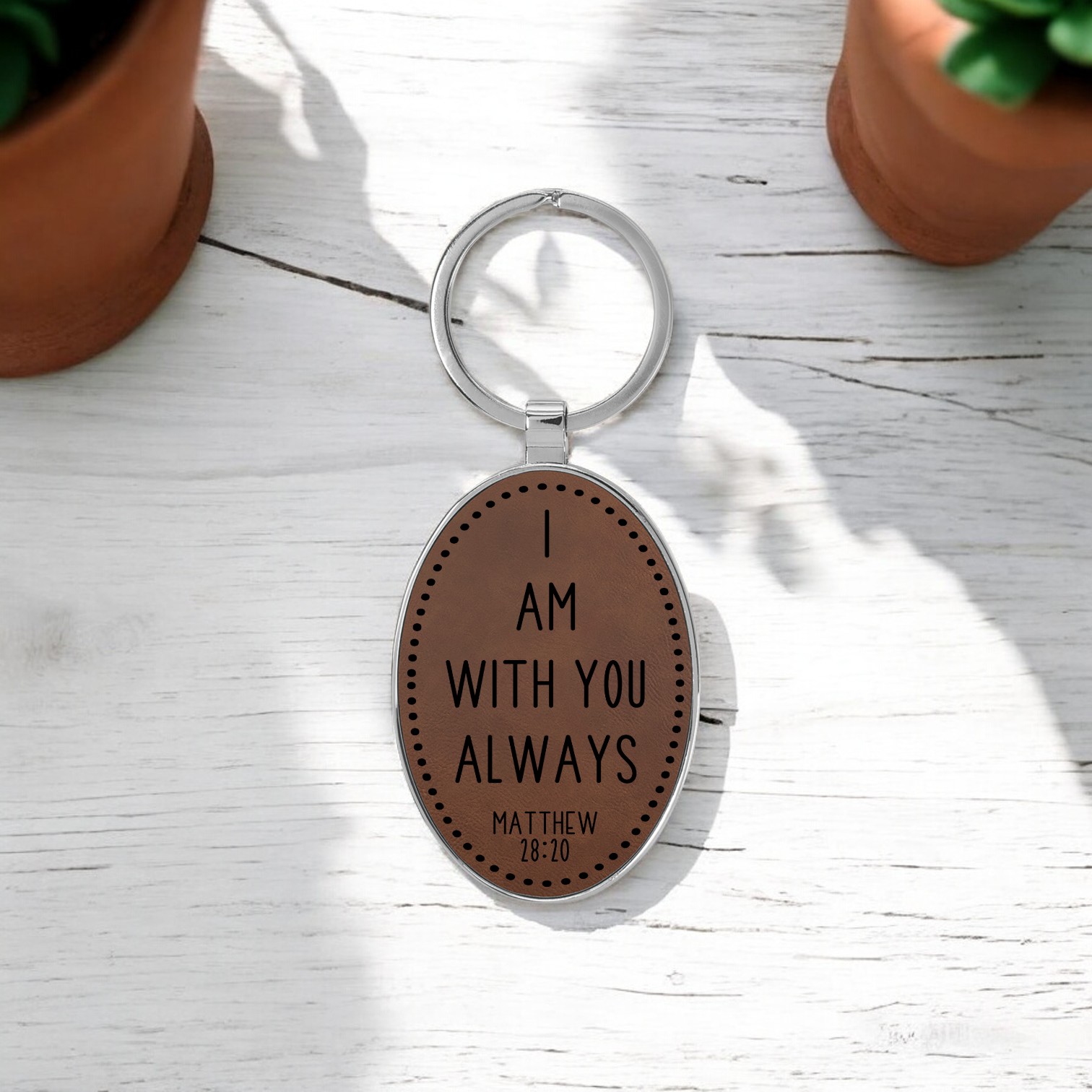 'Matthew 28:20' - Custom Laser Engraved on a Dark Brown Leatherette Keyring