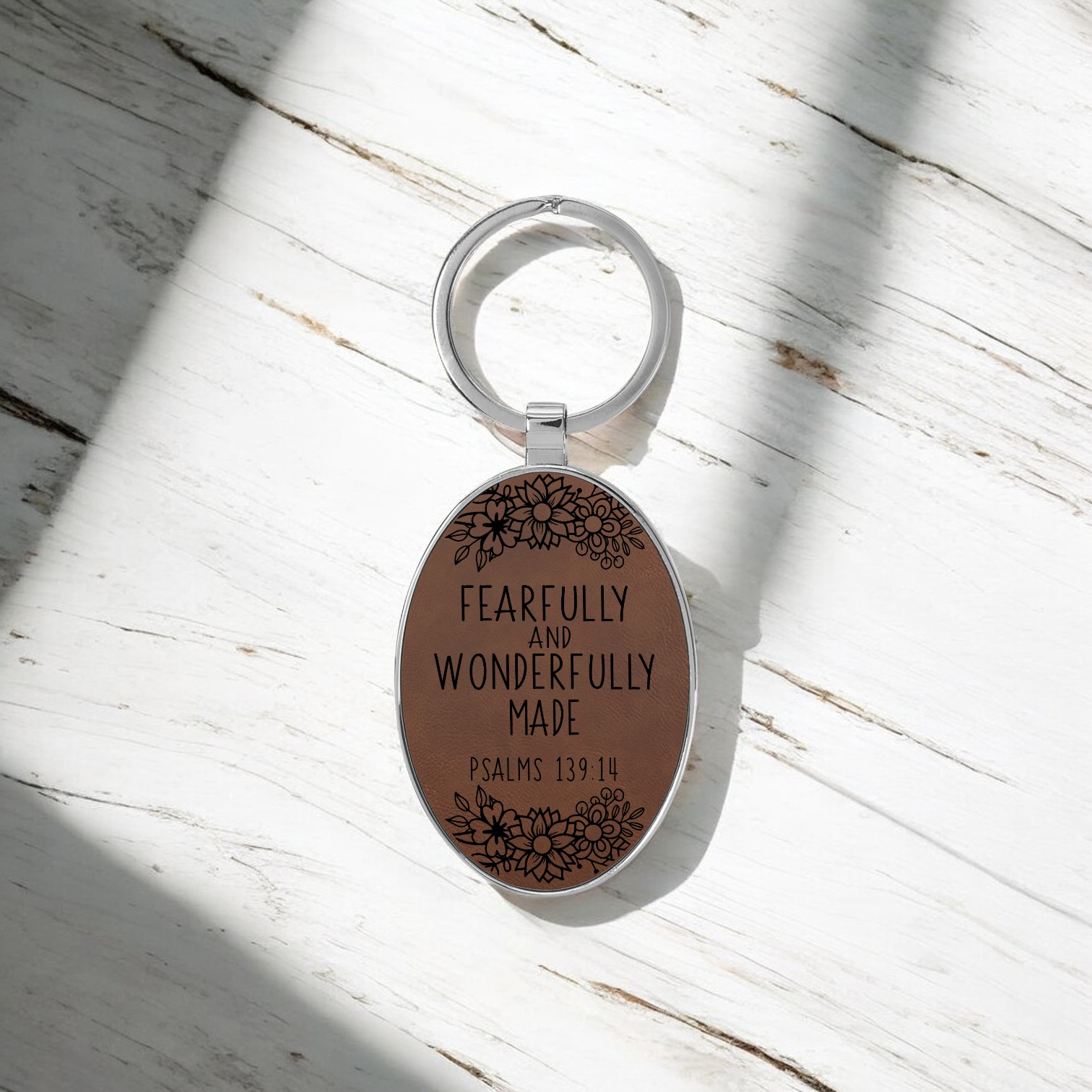 'Psalm 139:14' - Custom Laser Engraved on a Dark Brown Leatherette Keyring