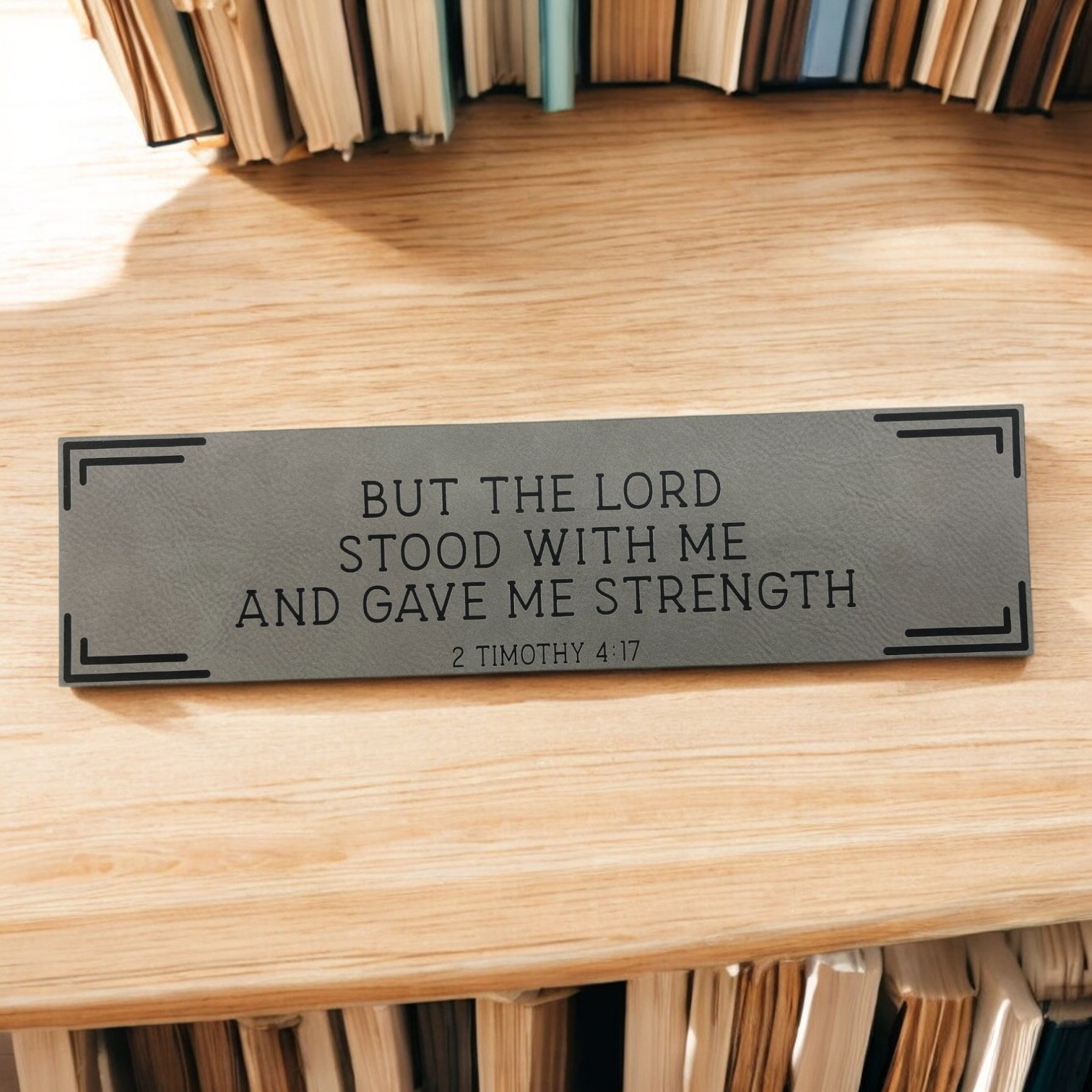 '2 Timothy 4:17' - Custom Laser Engraved on a Gray Leatherette Bookmark