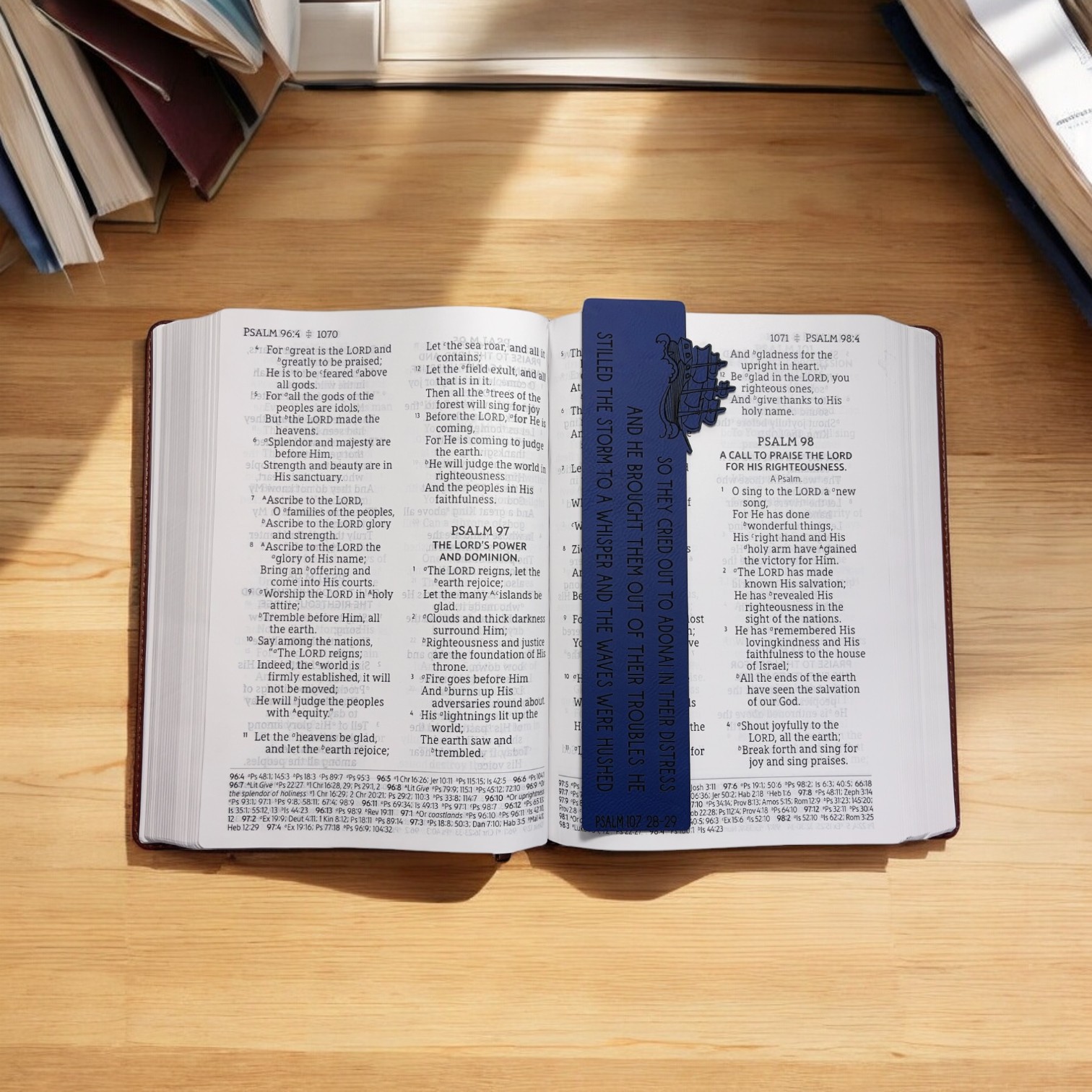 'Psalm 107:28-29' - Custom Laser Engraved on a Blue Leatherette Bookmark