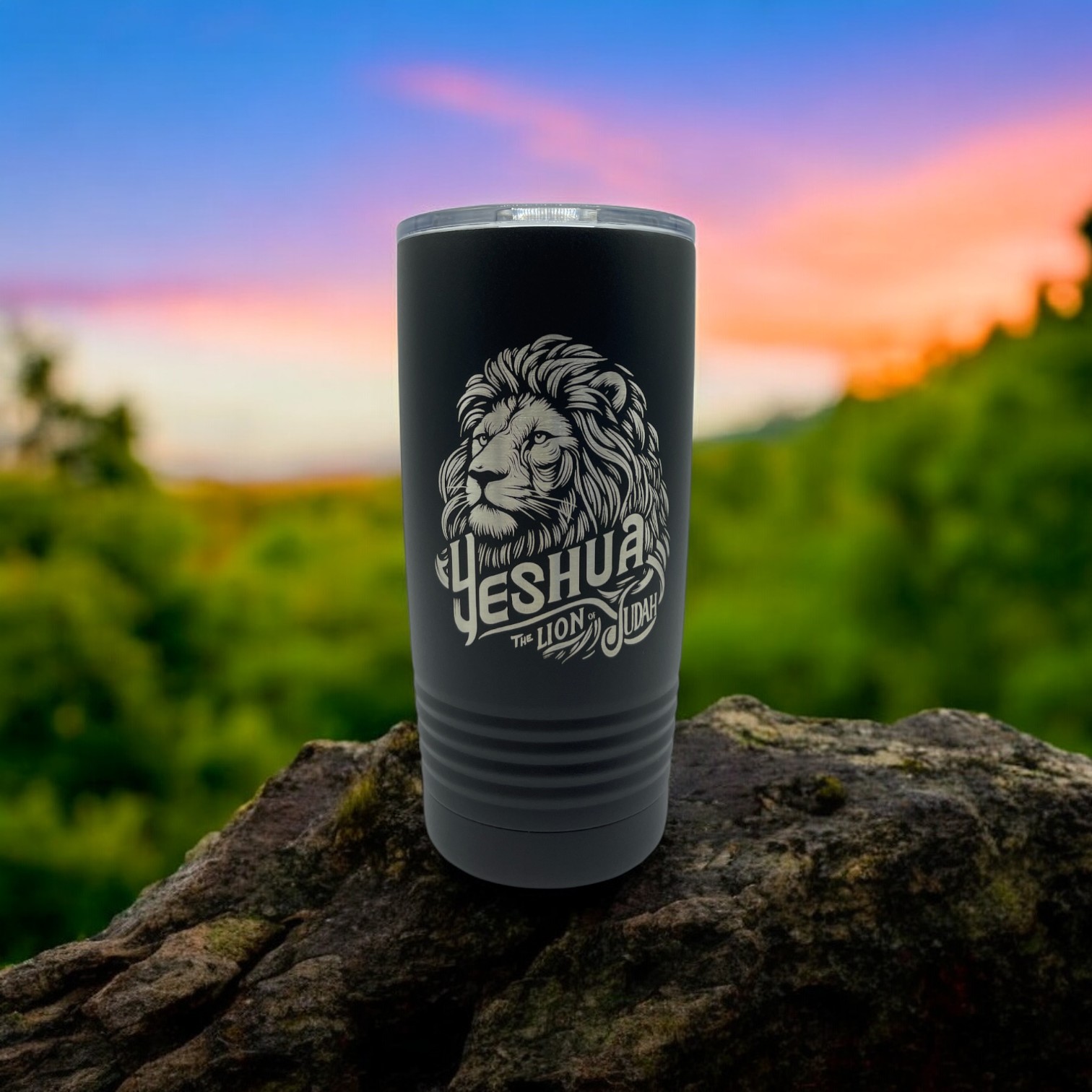 'Yeshua - The Lion of Judah' Custom Laser Engraved on a Black 20 oz. Tumbler